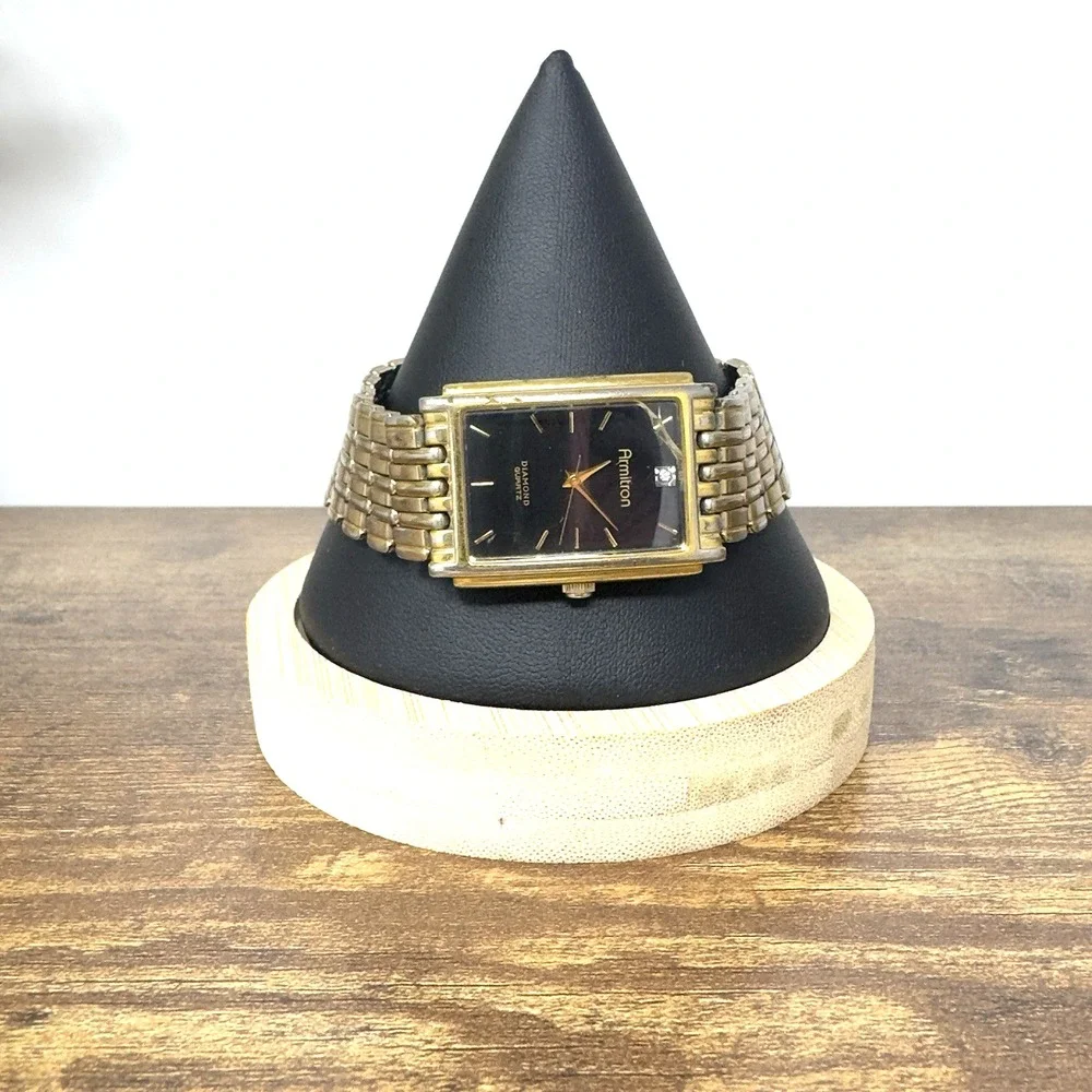 Vintage Armitron Diamond Quartz Swiss Watch Black Dial Gold tone Band 20/1270